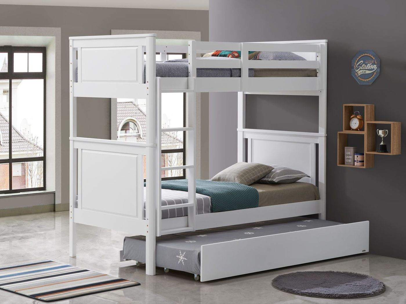 Orbelle Bunk Bed 302 with trundle in a grey bedroom