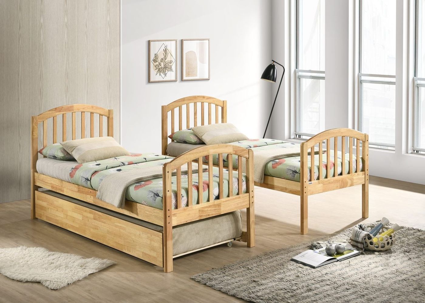 With trundle drawer, splits into individual twin beds