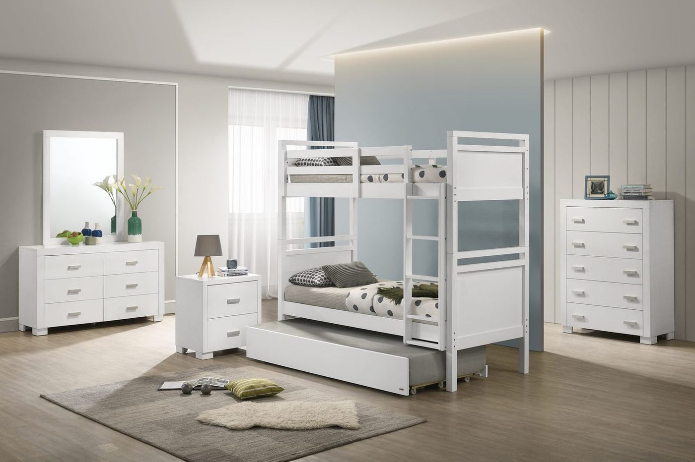 Shown with matching dresser, mirror, and chest