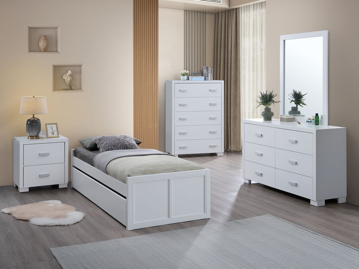 Shown with the matching nightstand, chest, dresser and mirror