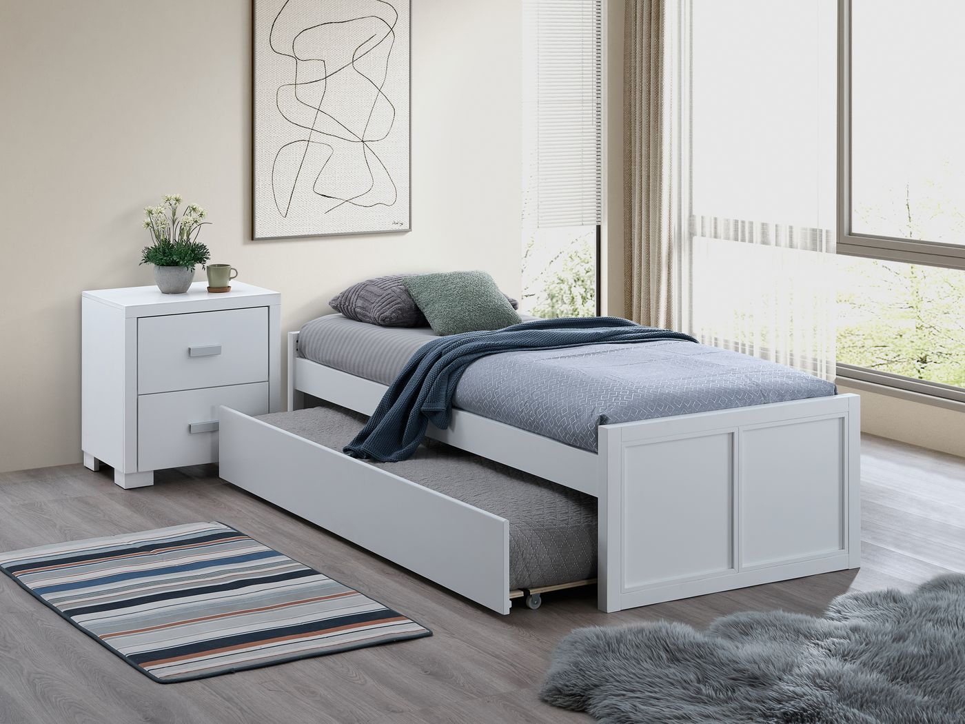 Shown with trundle pulled out and matching nightstand